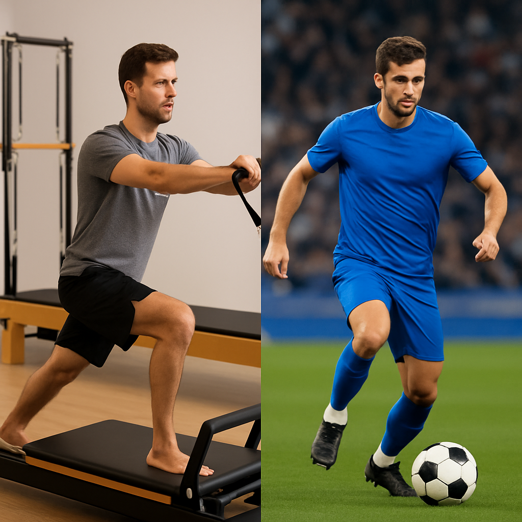Imagem de jogador de futebol realizando exercício de Pilates e, ao lado, o mesmo jogador atuando em campo, representando a prevenção de lesões e o aumento do desempenho através do Pilates.
