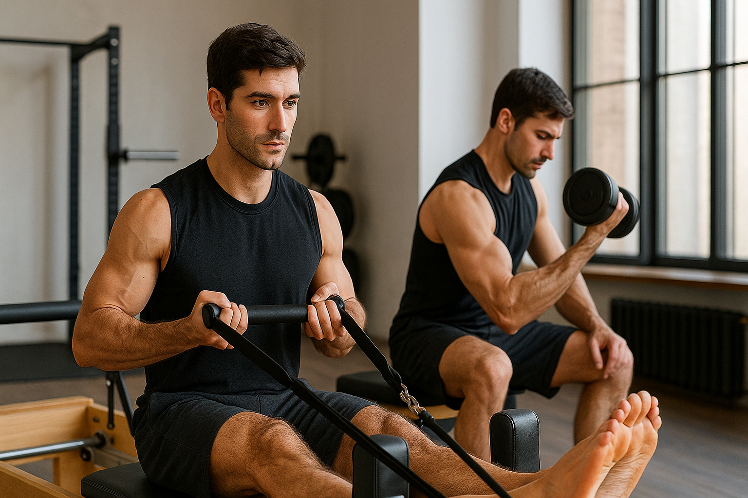 Homem praticando musculação e Pilates, mostrando como combinar as modalidades para maximizar resultados de força e flexibilidade.