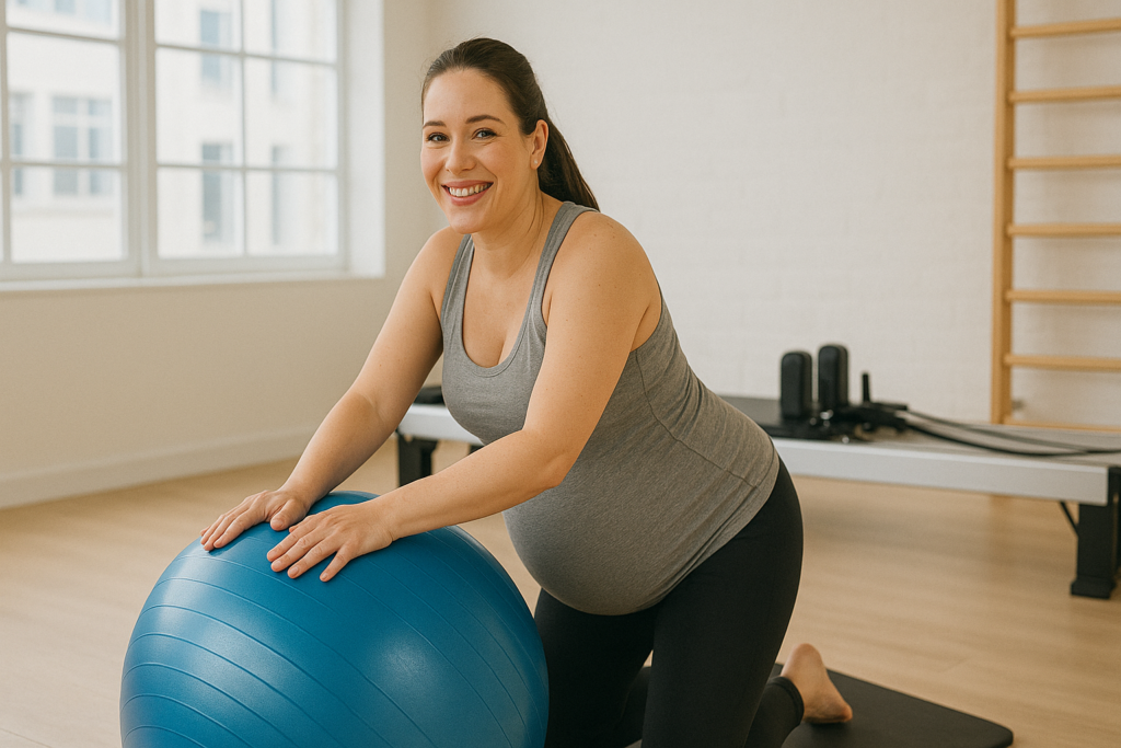 Gestante no terceiro trimestre sorrindo enquanto faz exercício com bola suíça em estúdio de Pilates, transmitindo saúde e bem-estar na gravidez