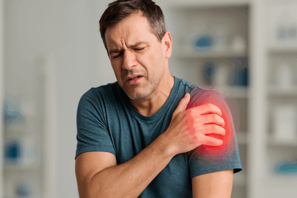 Homem com dor no ombro ilustrando os sintomas da tendinose, como inflamação e desconforto.