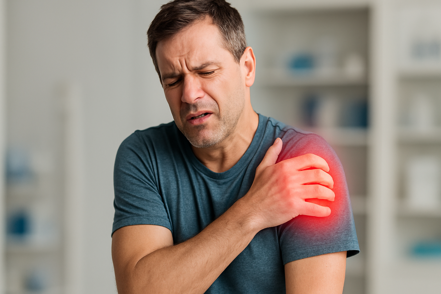 Homem com dor no ombro ilustrando os sintomas da tendinose, como inflamação e desconforto.