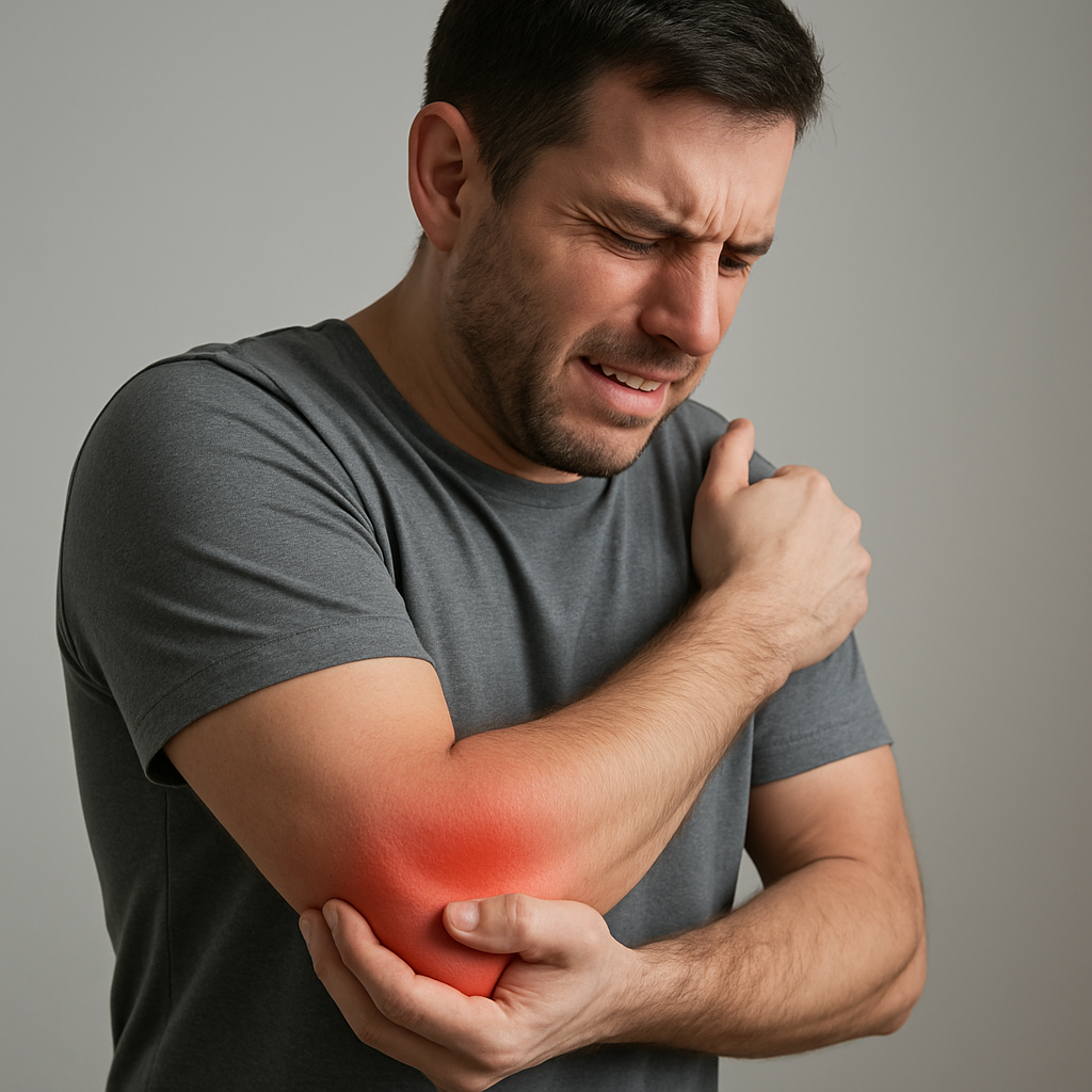 Homem com expressão de dor por causa da epicondilite lateral