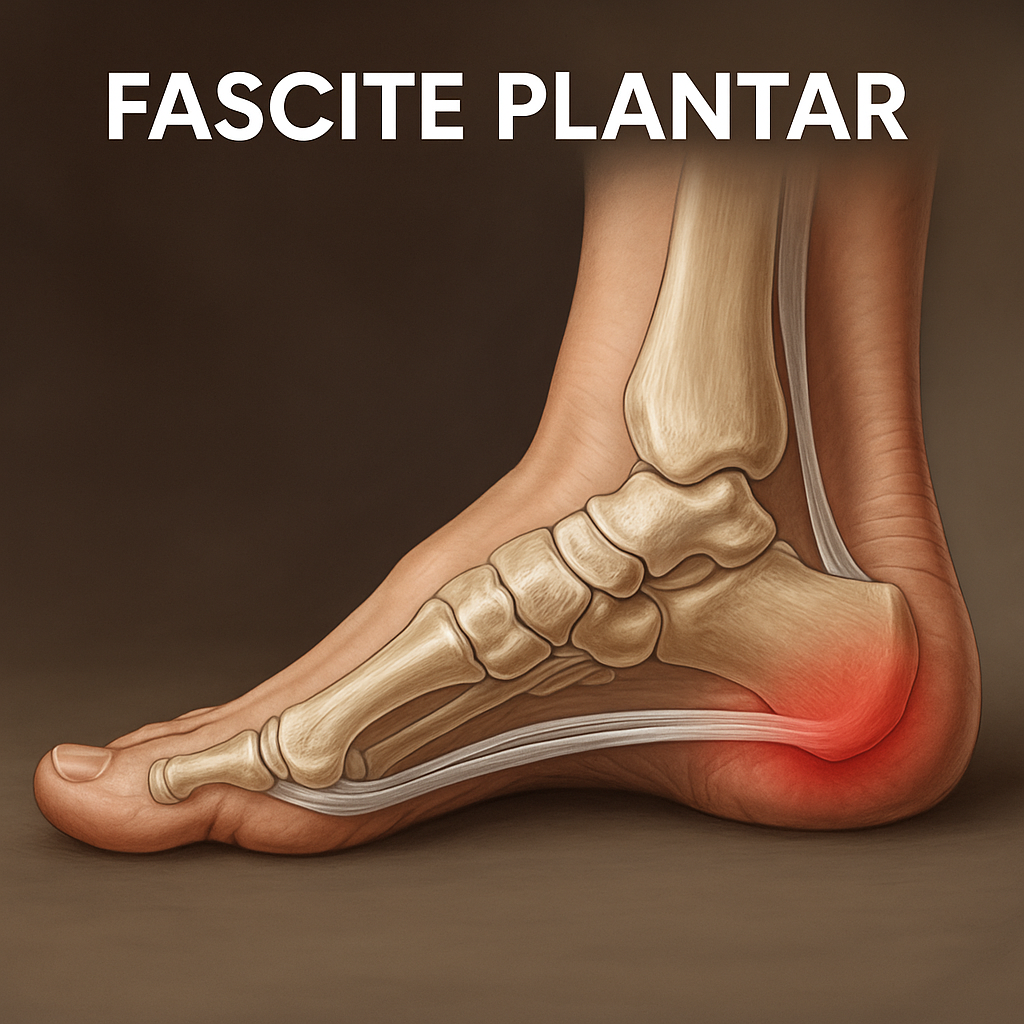 Ilustração médica da fascite plantar com foco na anatomia do pé e inflamação no calcanhar