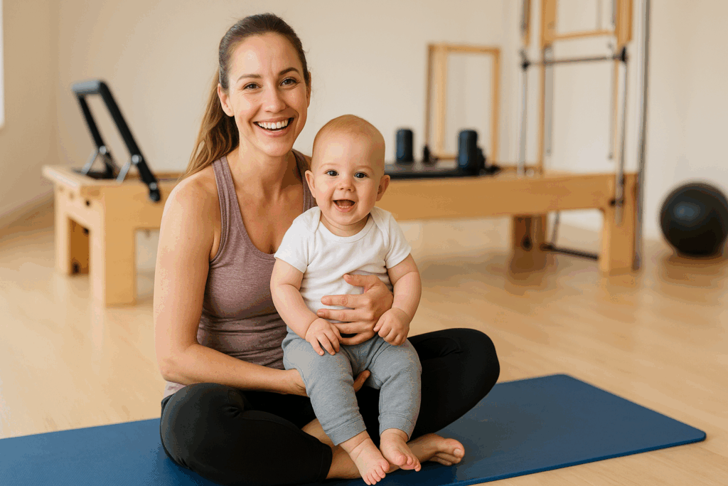 Mãe praticando Pilates no pós-parto com bebê no colo
