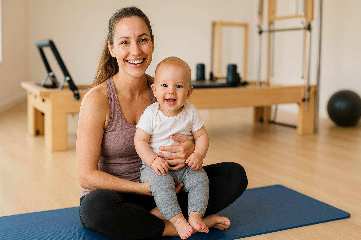 Mãe praticando Pilates no pós-parto com bebê no colo