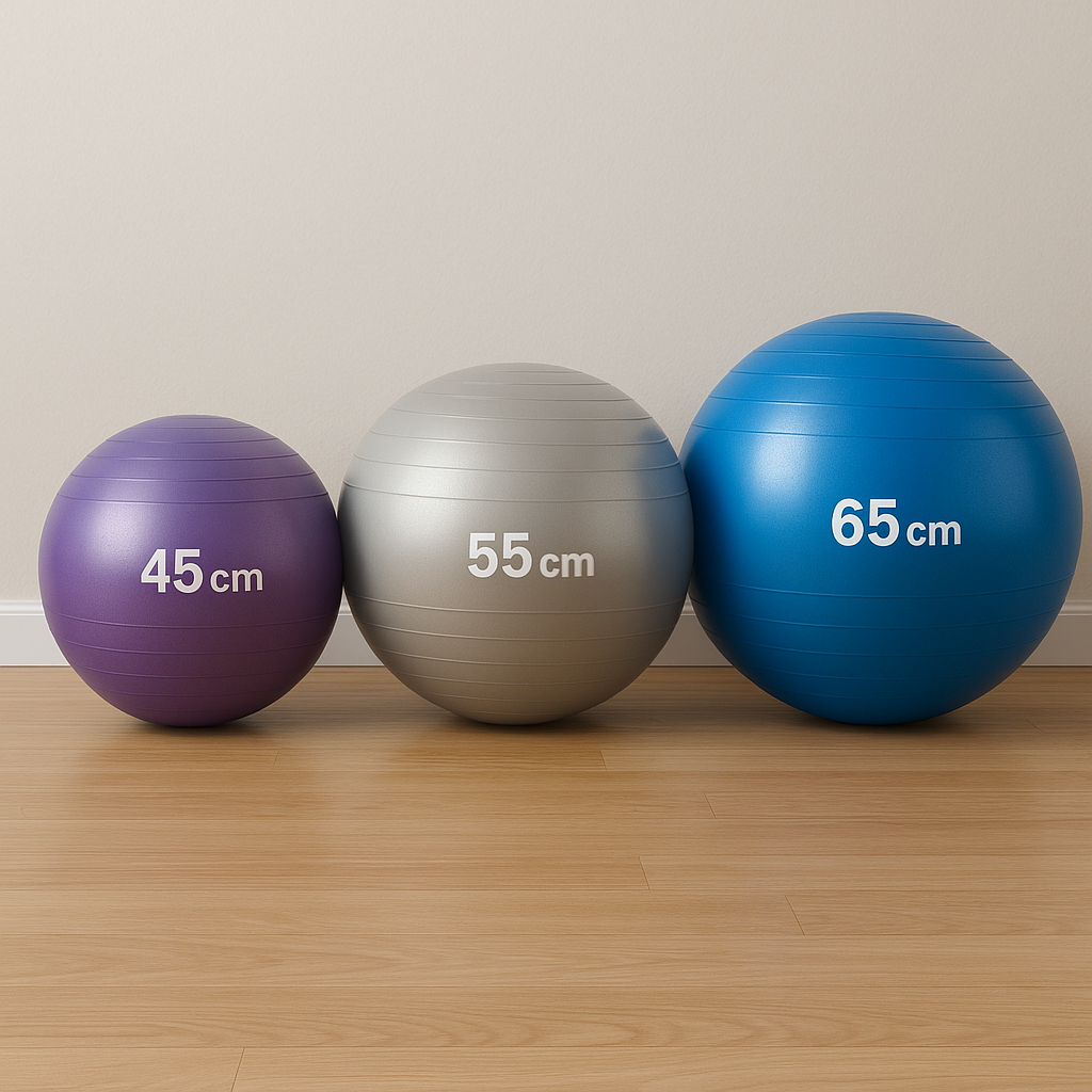 Três bolas suíças de tamanhos diferentes (45 cm roxa, 55 cm prata e 65 cm azul)